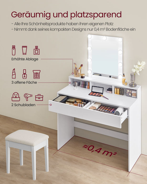 AUSLAUF VASAGLE | Dressing Table, LED Light with Adjustable Brightness, Makeup Table with Mirror, 2 Drawers und 3 Compartments, Makeup Station, Modern, weiß RDT164W01