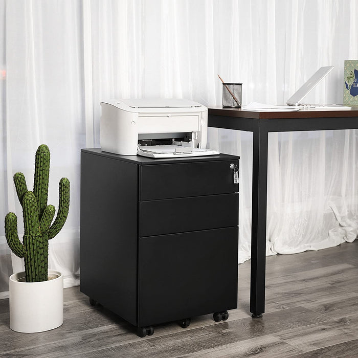 AUSLAUF SONGMICS | Mobile File Cabinet with 3 Drawers Lockable Steel Pedestal with Suspension File Hanging Rails, Fully Assembled Except Casters, Black OFC60BK