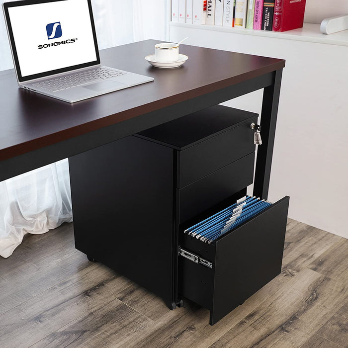AUSLAUF SONGMICS | Mobile File Cabinet with 3 Drawers Lockable Steel Pedestal with Suspension File Hanging Rails, Fully Assembled Except Casters, Black OFC60BK