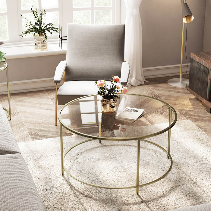 AUSLAUF VASAGLE | Round Coffee Table, Glass Table with Steel Frame, Living Room Table, Sofa Table, Tempered Glass, gold LGT21G