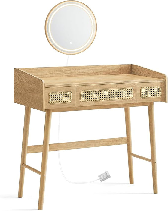AUSLAUF SONGMICS HOME | BOHOVEN Collection Dressing Table with Mirror und Light, 3 Drawers Imitation Rattan Dressing Table, Adjustable Light with 3 Shades of Colour, Bohemian Style, Bedroom, Oak Beige