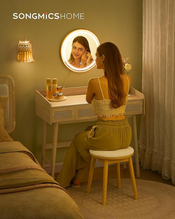 AUSLAUF SONGMICS HOME | BOHOVEN Collection Dressing Table with Mirror und Light, 3 Drawers Imitation Rattan Dressing Table, Adjustable Light with 3 Shades of Colour, Bohemian Style, Bedroom, Oak Beige