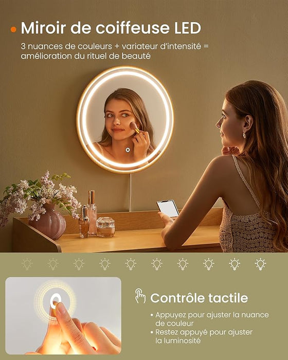 AUSLAUF SONGMICS HOME | BOHOVEN Collection Dressing Table with Mirror und Light, 3 Drawers Imitation Rattan Dressing Table, Adjustable Light with 3 Shades of Colour, Bohemian Style, Bedroom, Oak Beige