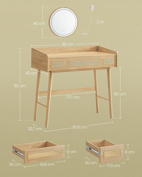 AUSLAUF SONGMICS HOME | BOHOVEN Collection Dressing Table with Mirror und Light, 3 Drawers Imitation Rattan Dressing Table, Adjustable Light with 3 Shades of Colour, Bohemian Style, Bedroom, Oak Beige