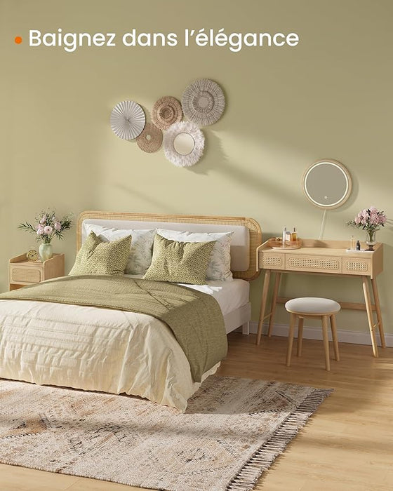 AUSLAUF SONGMICS HOME | BOHOVEN Collection Dressing Table with Mirror und Light, 3 Drawers Imitation Rattan Dressing Table, Adjustable Light with 3 Shades of Colour, Bohemian Style, Bedroom, Oak Beige