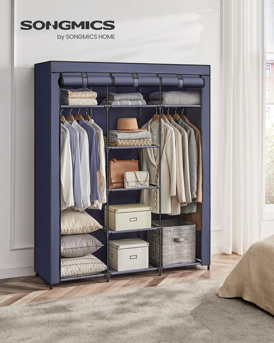 AUSLAUF SONGMICS | Fabric Wardrobe, faltbar Closet with Hanging Rail, Clothes Rack, Storage Organiser for Bags, Shoes, Living Room, Bedroom, Cloakroom, 45 x 150 x 175 cm, Dark Blue RYG012I02