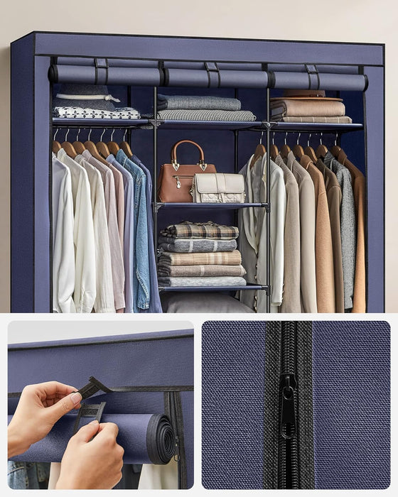 AUSLAUF SONGMICS | Fabric Wardrobe, faltbar Closet with Hanging Rail, Clothes Rack, Storage Organiser for Bags, Shoes, Living Room, Bedroom, Cloakroom, 45 x 150 x 175 cm, Dark Blue RYG012I02