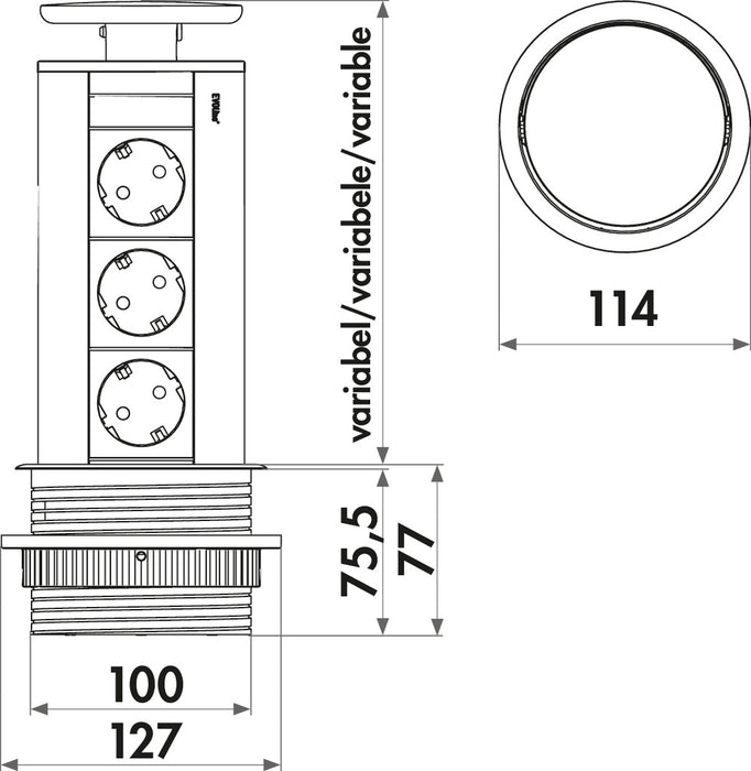 Evoline | Evoline® Port 1 | Versenkbares Steckdosenelement | mit Schukosteckdose | Deckel silberfarbig