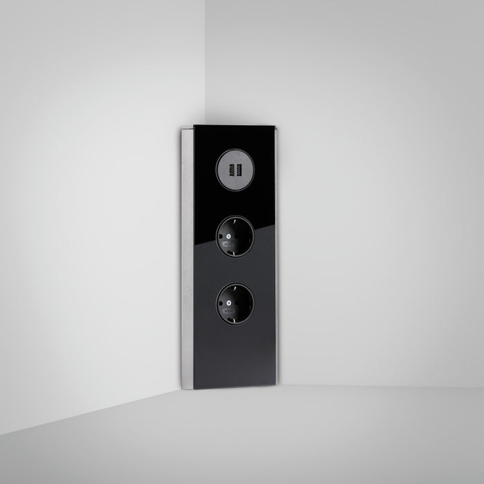Naber | Mira Eck Glas USB | Ecksteckdosenelement | Edelstahl | Glas schwarz