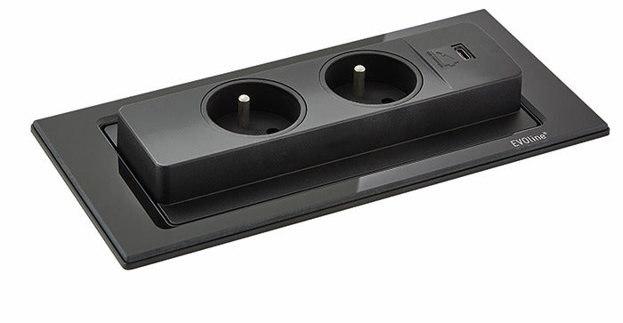 Evoline | Evoline® BackFlip USB C, Steckdosenelement, mit belgischen/französischen Steckdosen, flächenbündig H 5 mm, Glas schwarz