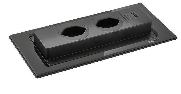 Evoline | Evoline® BackFlip USB C, Steckdosenelement, mit schweizer Steckdosen, flächenbündig H 5 mm, Glas schwarz