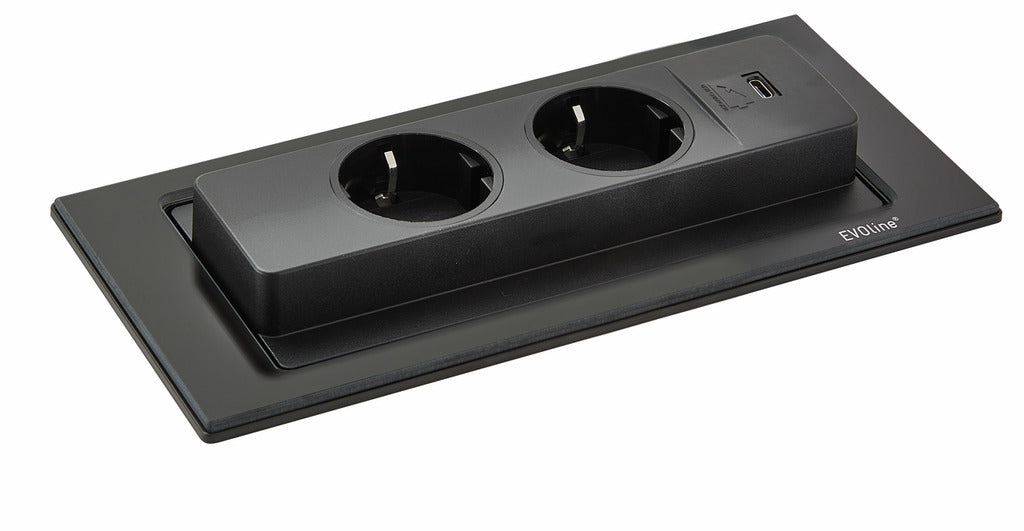 Evoline | Evoline® BackFlip USB C, Steckdosenelement, mit Schukosteckdosen, flächenbündig H 5 mm, Glas schwarz matt