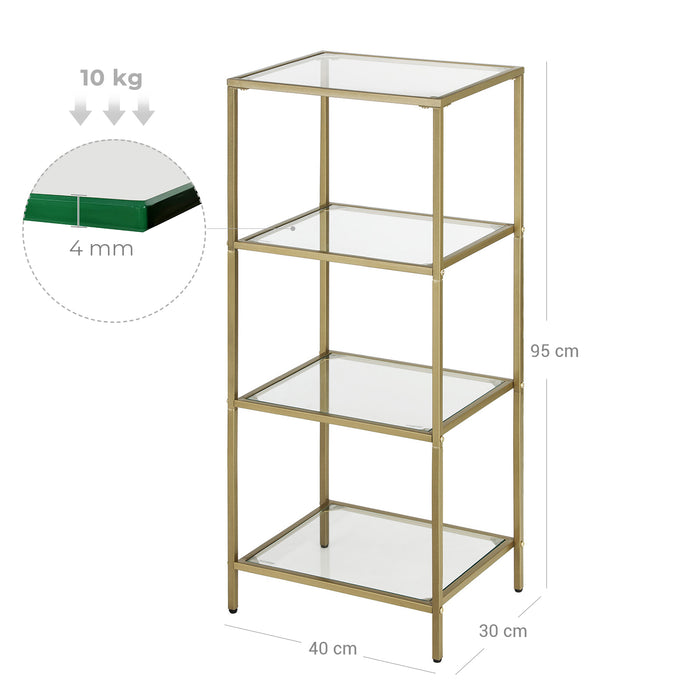 AUSLAUF VASAGLE | Bathroom Storage Shelf, Tempered Glass Storage Rack, 4-Tier Storage Unit, Sturdy, Easy to Assemble, for Living Room, Bedroom, Office, Golden LGT28G
