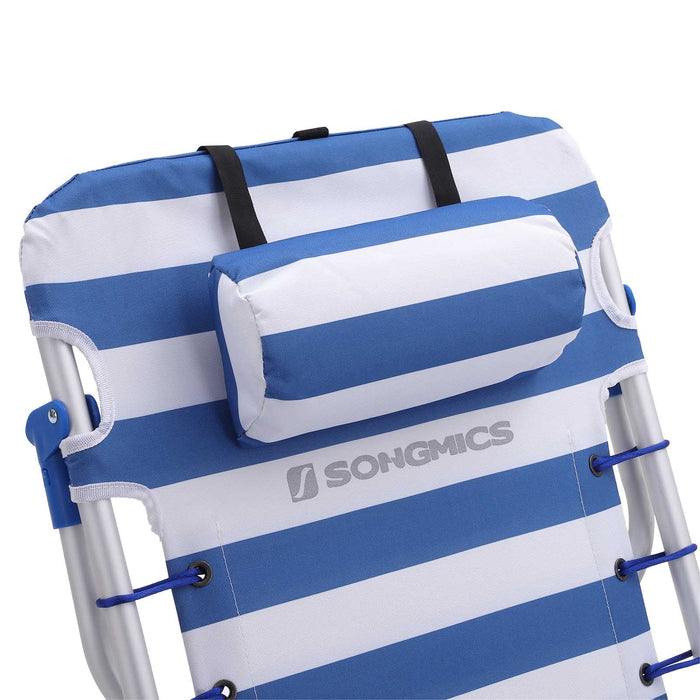 AUSLAUF SONGMICS | Beach Chair, Folding Camping Chair, tragbar Outdoor Chair, Carry as a Backpack, with Adjustable Backrest, Headrest, Armrest, 2 Side Pockets, Blue und weiß GCB62BU