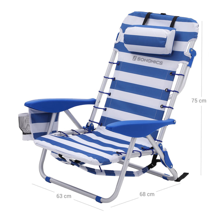 AUSLAUF SONGMICS | Beach Chair, Folding Camping Chair, tragbar Outdoor Chair, Carry as a Backpack, with Adjustable Backrest, Headrest, Armrest, 2 Side Pockets, Blue und weiß GCB62BU