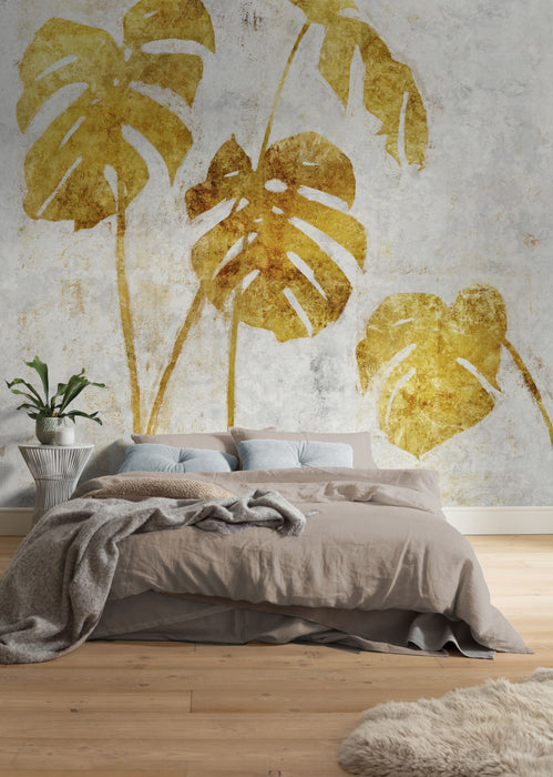 Digitaldruck Vlies Fototapete | Golden Monstera | 300 x 250 cm