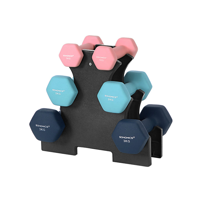 AUSLAUF SONGMICS | Hex Dumbbells Set with Stand - 2 x 1 kg, 2 x 2 kg, 2 x 3 kg, Neoprene Matte Finish, Hand Weights for Home Exercise, Pink, Aqua, und Blue SYL612MK