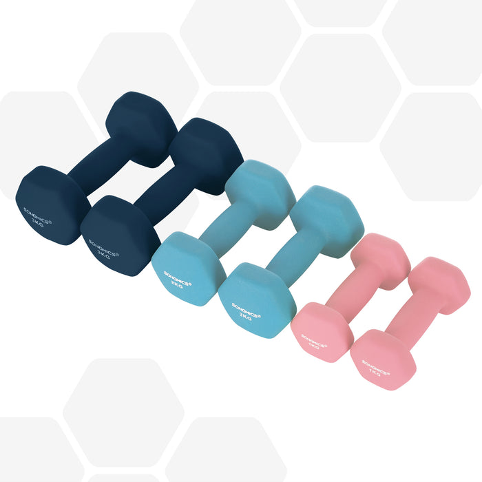 AUSLAUF SONGMICS | Hex Dumbbells Set with Stand - 2 x 1 kg, 2 x 2 kg, 2 x 3 kg, Neoprene Matte Finish, Hand Weights for Home Exercise, Pink, Aqua, und Blue SYL612MK