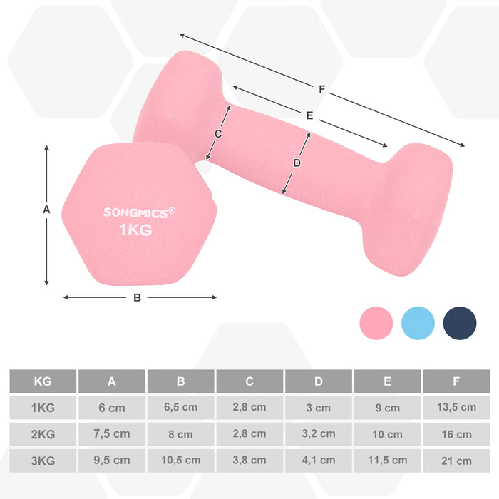 AUSLAUF SONGMICS | Hex Dumbbells Set with Stand - 2 x 1 kg, 2 x 2 kg, 2 x 3 kg, Neoprene Matte Finish, Hand Weights for Home Exercise, Pink, Aqua, und Blue SYL612MK