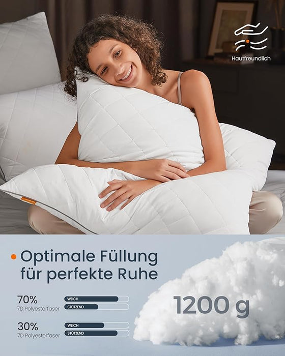AUSLAUF SONGMICS HOME | Pillow Set of 2, Reversible 80 x 80 cm, Cooling Soft Cover, 1200 g Filling, Winter, Summer, Machine Washable, Tumble Dry up to 60°C, Cloud weiß TBP022W02