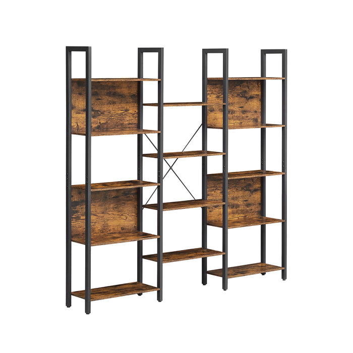 AUSLAUF VASAGLE | Bookcase, Bookshelf with 14 Storage Shelves, Metal Frame, Living Room, Study, Office, Industrial Style, 158 x 24 x 166 cm, rustikal braun und Black LLS107B01