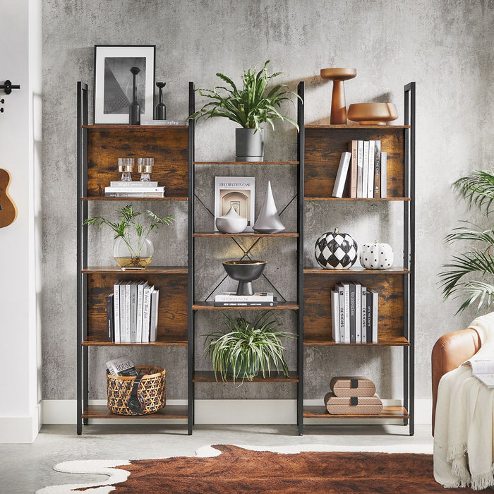 AUSLAUF VASAGLE | Bookcase, Bookshelf with 14 Storage Shelves, Metal Frame, Living Room, Study, Office, Industrial Style, 158 x 24 x 166 cm, rustikal braun und Black LLS107B01