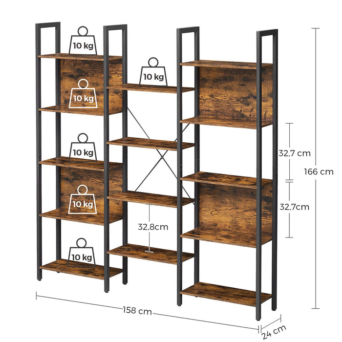 AUSLAUF VASAGLE | Bookcase, Bookshelf with 14 Storage Shelves, Metal Frame, Living Room, Study, Office, Industrial Style, 158 x 24 x 166 cm, rustikal braun und Black LLS107B01
