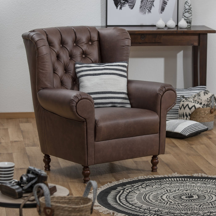 NEU Max Winzer | Vary | Sessel | Ohrenbackensessel | Echtleder (Antikoptik | Füße Buche Nussbaum Dunkel Lackiert (gedrechselt)