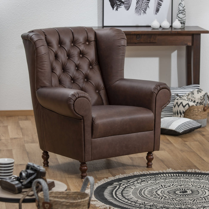 NEU Max Winzer | Vary | Sessel | Ohrenbackensessel | Echtleder (Antikoptik | Füße Buche Nussbaum Dunkel Lackiert (gedrechselt)