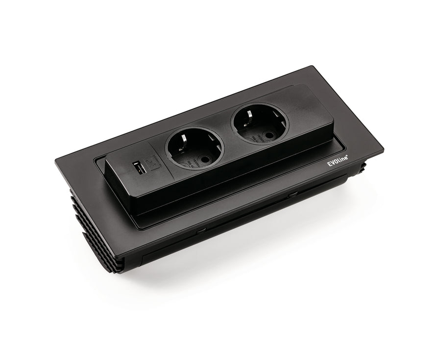 Evoline® BackFlip-USB | Einbausteckdosenelemente | mit Schukosteckdosen | schwarz lackiert