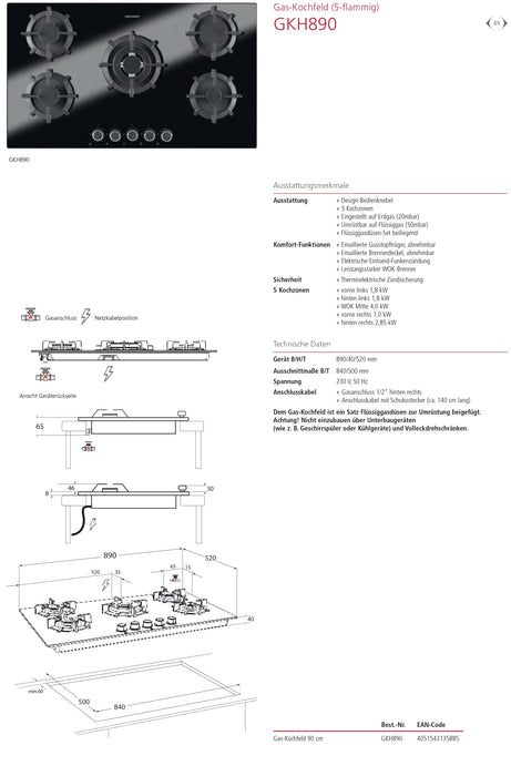 Oranier | GKH890 | Gaskochfeld
