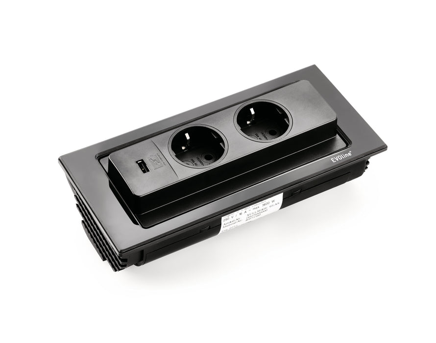 Evoline® BackFlip-USB | Einbausteckdosenelemente | mit Schukosteckdosen | Glas schwarz