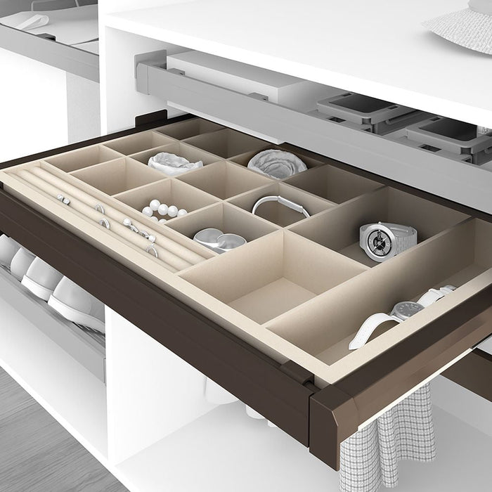 Set aus Schmuckschubladenset Auszugsrahmen Mokka-Schränke, sanftes Schliessen, verstellbar, 600mm Modul, Stahl Aluminium, Farbe Mokka