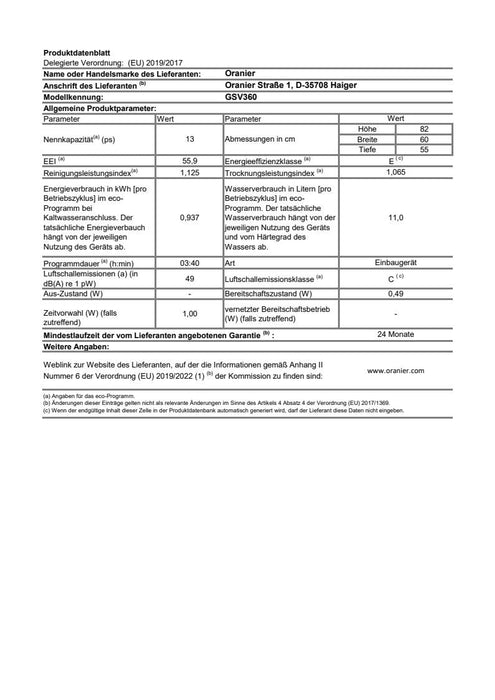 Oranier | GSV360 | Geschirrspüler