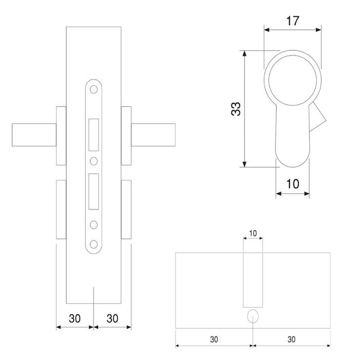 emuca Euro-Zylinder für Türen, 30 x 30 mm, einfache Kupplung, langem Nocken, 5 S