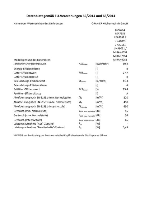 Oranier | MIRAN60S1 | Dunstabzugshaube