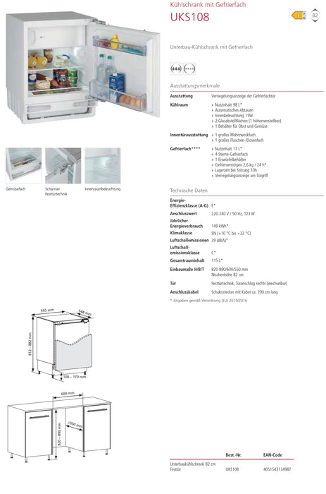 Oranier | UKS108 | Unterbaukühlschrank