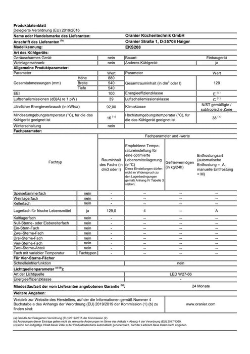 Oranier | EKS208 | Einbauvollraumkühlschrank