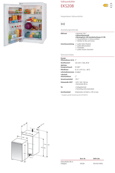 Oranier | EKS208 | Einbauvollraumkühlschrank