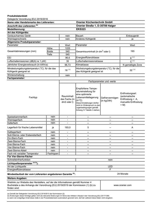 Oranier | EKS323 | Einbauvollraumkühlschrank