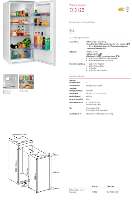 Oranier | EKS123 | Einbauvollraumkühlschrank