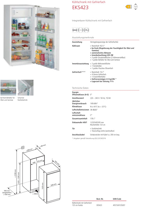 Oranier | EKS423 | Einbaukühlschrank