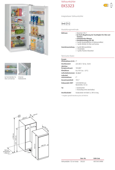 Oranier | EKS323 | Einbauvollraumkühlschrank
