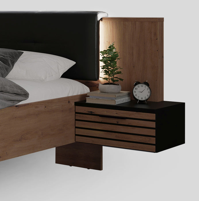 Hometrend | MELIKA 16NX Bett |  160x200 mit Nako-Set | inkl. LED | Schwarz/Dekor Lamellen Artisan Eiche / Artisan Eiche